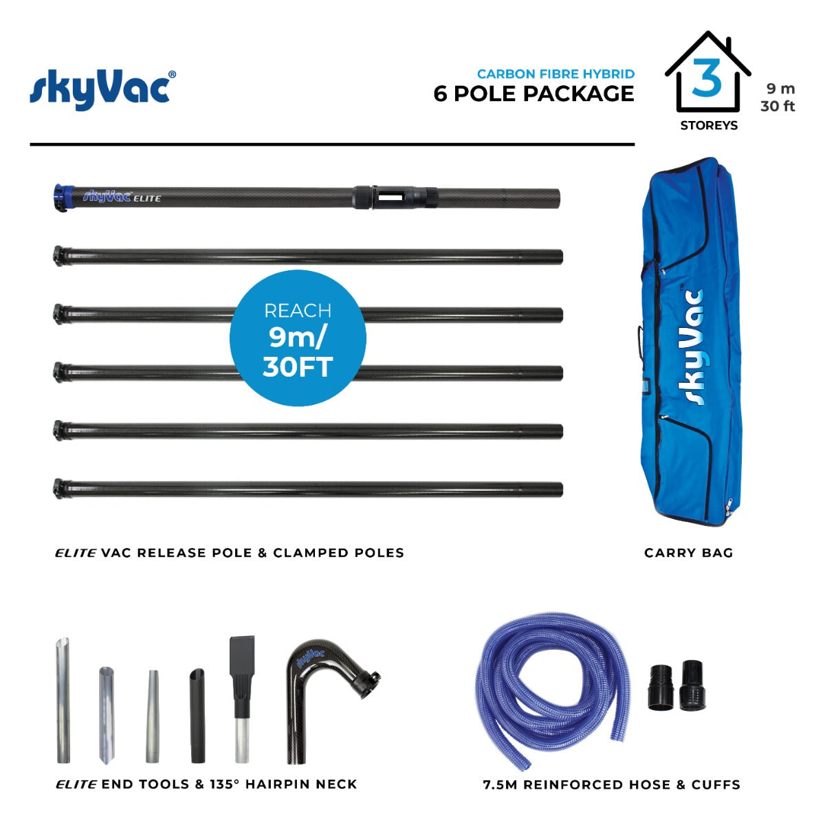 SkyVac® Hybrid Clamped Pole Set with Hose, Neck & End Tools