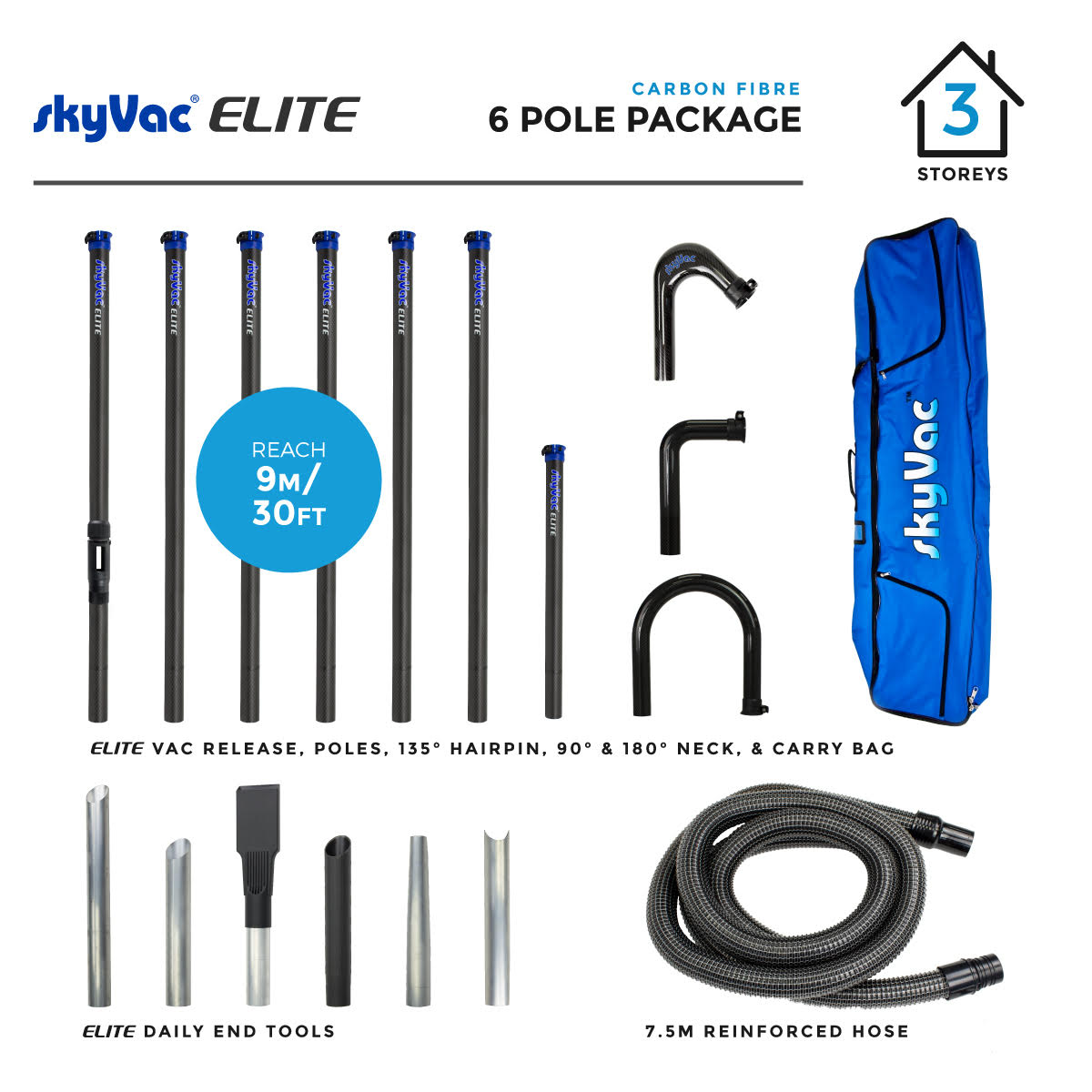 SkyVac® Elite Carbon Fiber Poles with Hose, Neck & End Tools