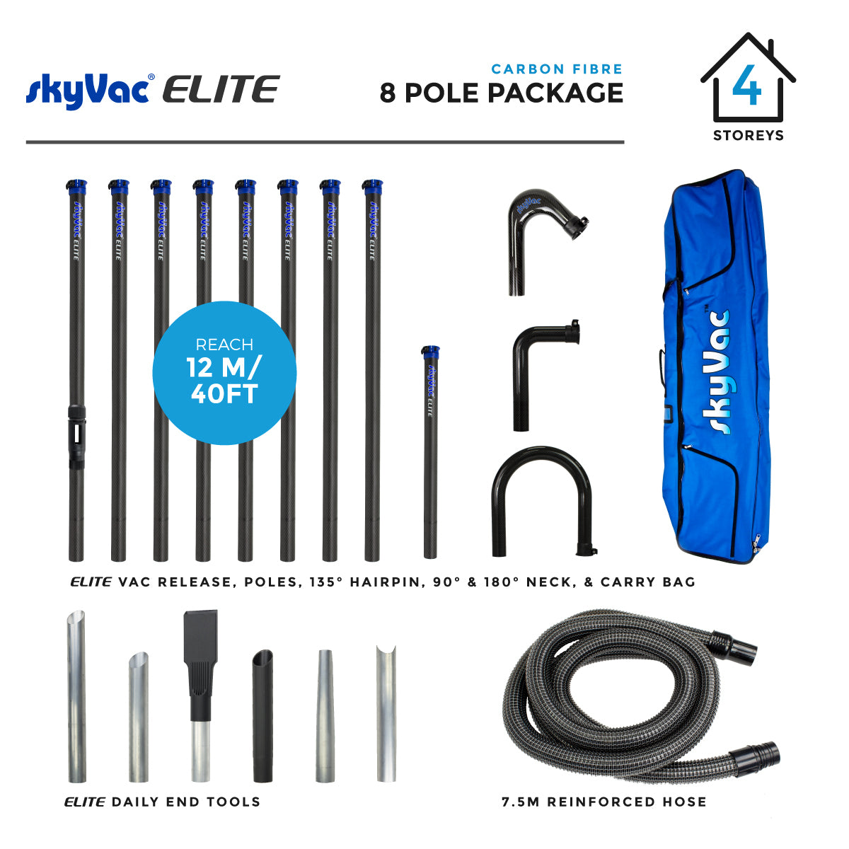 SkyVac® Elite Carbon Fiber Poles with Hose, Neck & End Tools